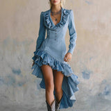 Western Style Floral Denim Dress For Women