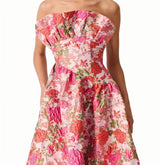 PS15 Pink Floral Jacquard Strapless High-Low Midi Dress