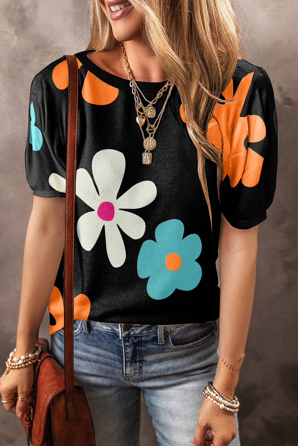 Flower/Bowknot Print Bubble Sleeve Tee