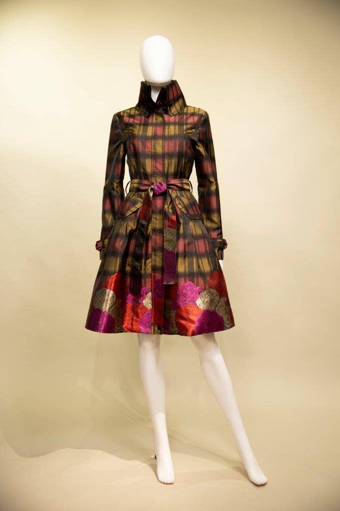 Yarn-Dyed Plaid & Floral Brocade Dress-Coat Pocket - 17244