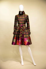 Yarn-Dyed Plaid & Floral Brocade Dress-Coat Pocket - 17244