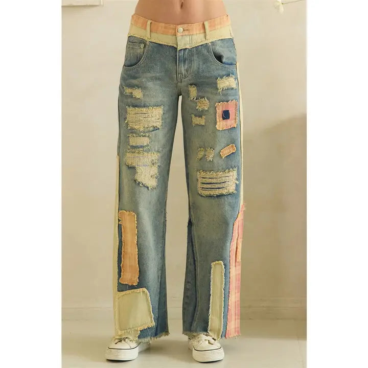 JP0212 Patch Detail Denim Pants