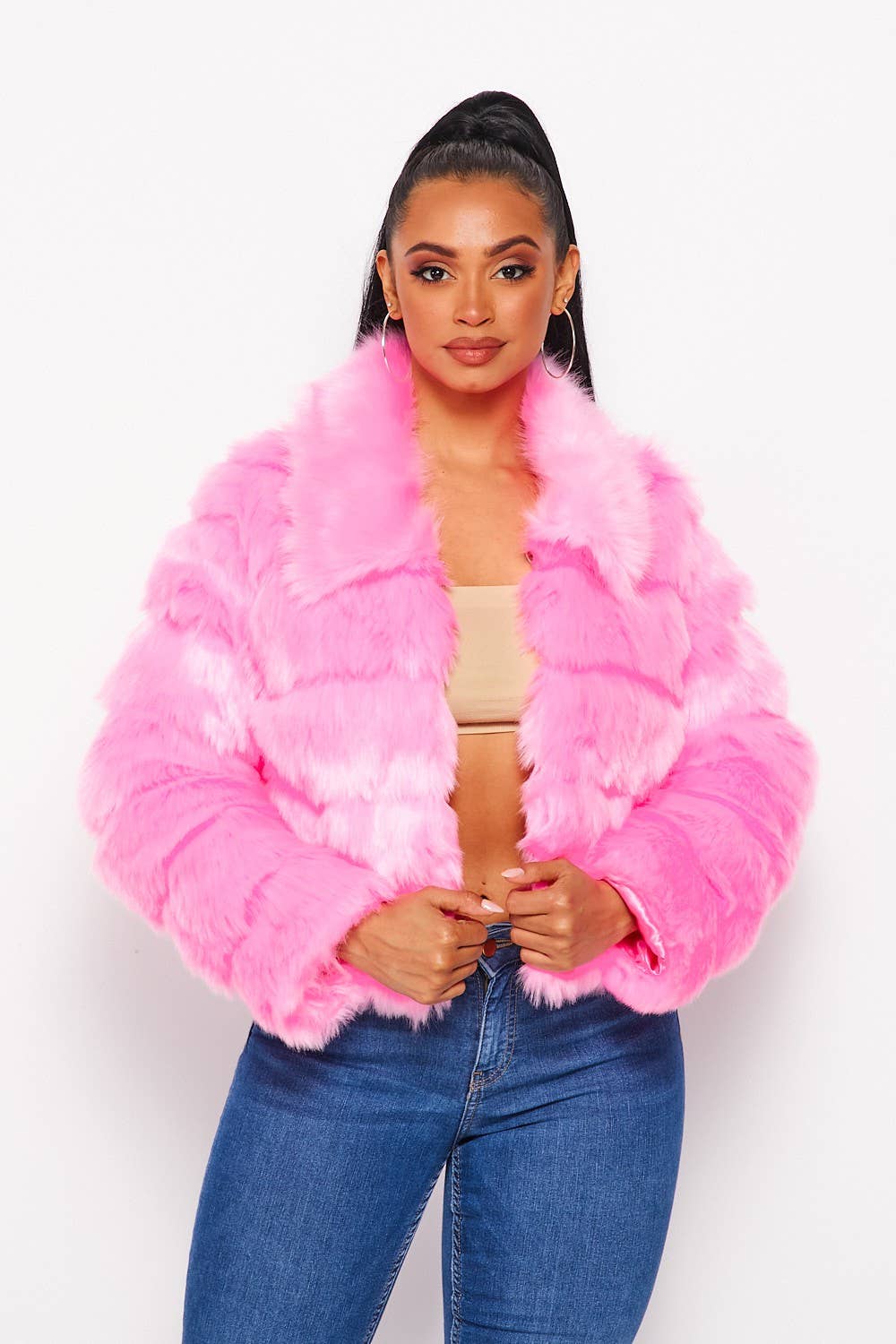 My Best Soft Faux Fur Collared Tiered Jacket Coat (HDJ30741)