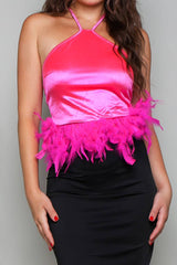 Halter neck fuzzy trim satin crop top