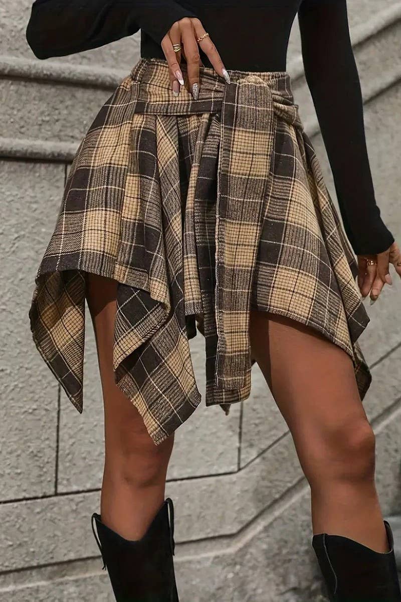 CWBSS0462_FASHION IRREGULAR PLAID SLEEVE SKIRT