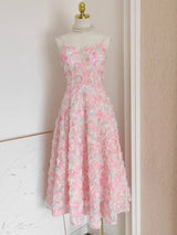 DR508 3D Rose Lace Pink Off-shoulder Holiday Suspender Dress