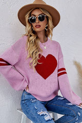 Valentine's Day color match heart peach crew-neck sweater