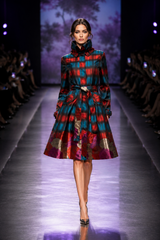 Yarn-Dyed Plaid & Floral Brocade Dress-Coat Pocket - 17244