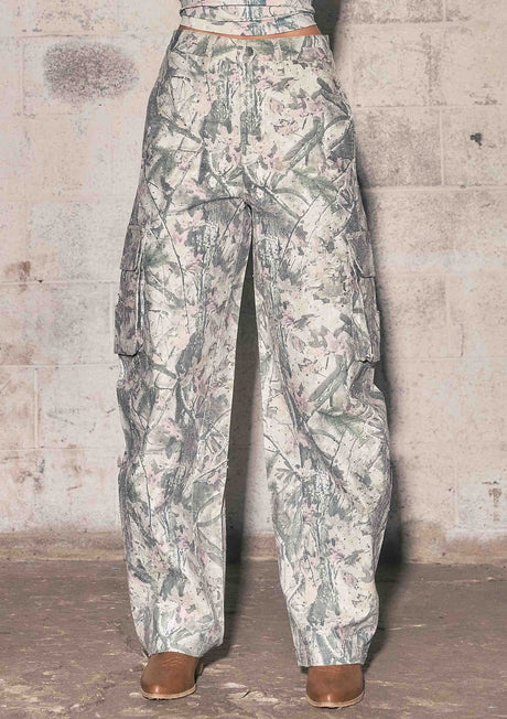 Rhinestone Camo Print Baggy Barrel Jeans