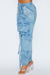 Blessed Rhinestone Fringe Cargo Denim Jogger Pant HDP30466ME