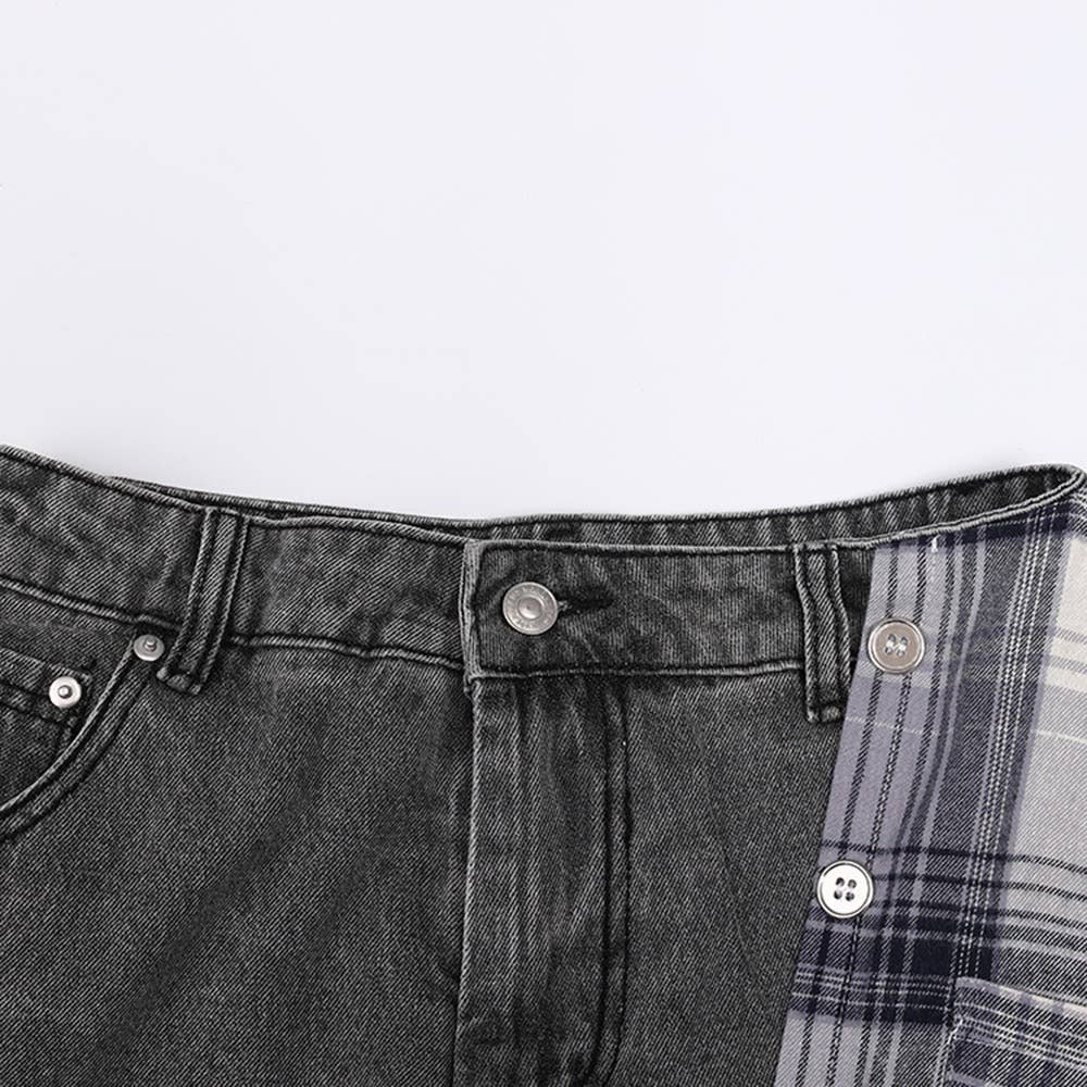 SK024 Summer Chic: High-Waist Plaid-Denim Skirt