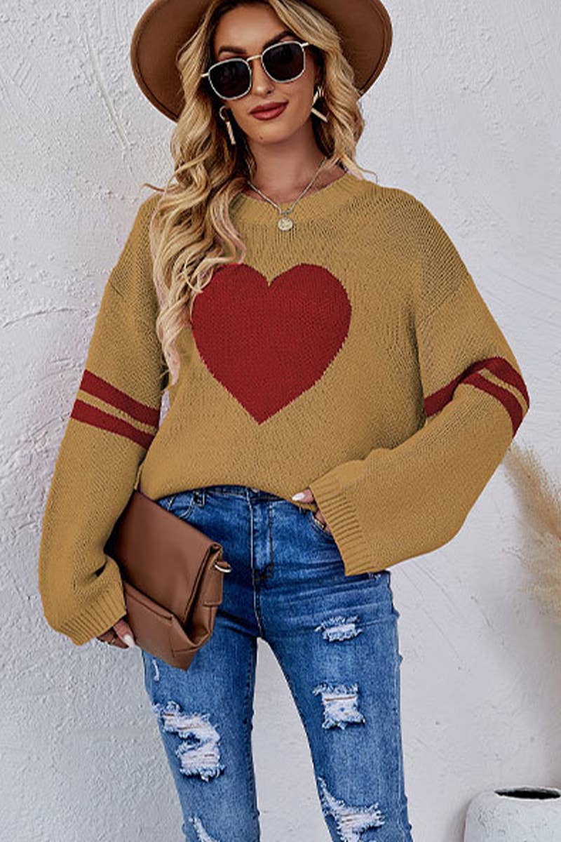 Valentine's Day color match heart peach crew-neck sweater