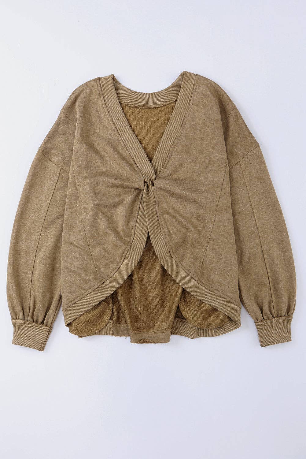 Khaki Exposed Seam Twist Open Back Oversized Sweatshirt: Khaki / L / 80%Polyester+20%Cotton