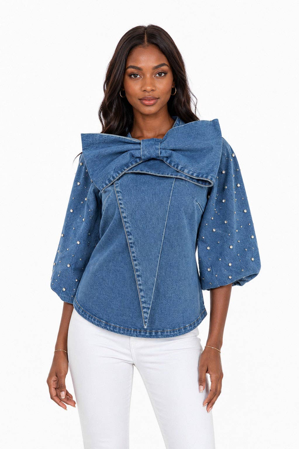 Rhinestone Bow Denim Statement Top - 83301