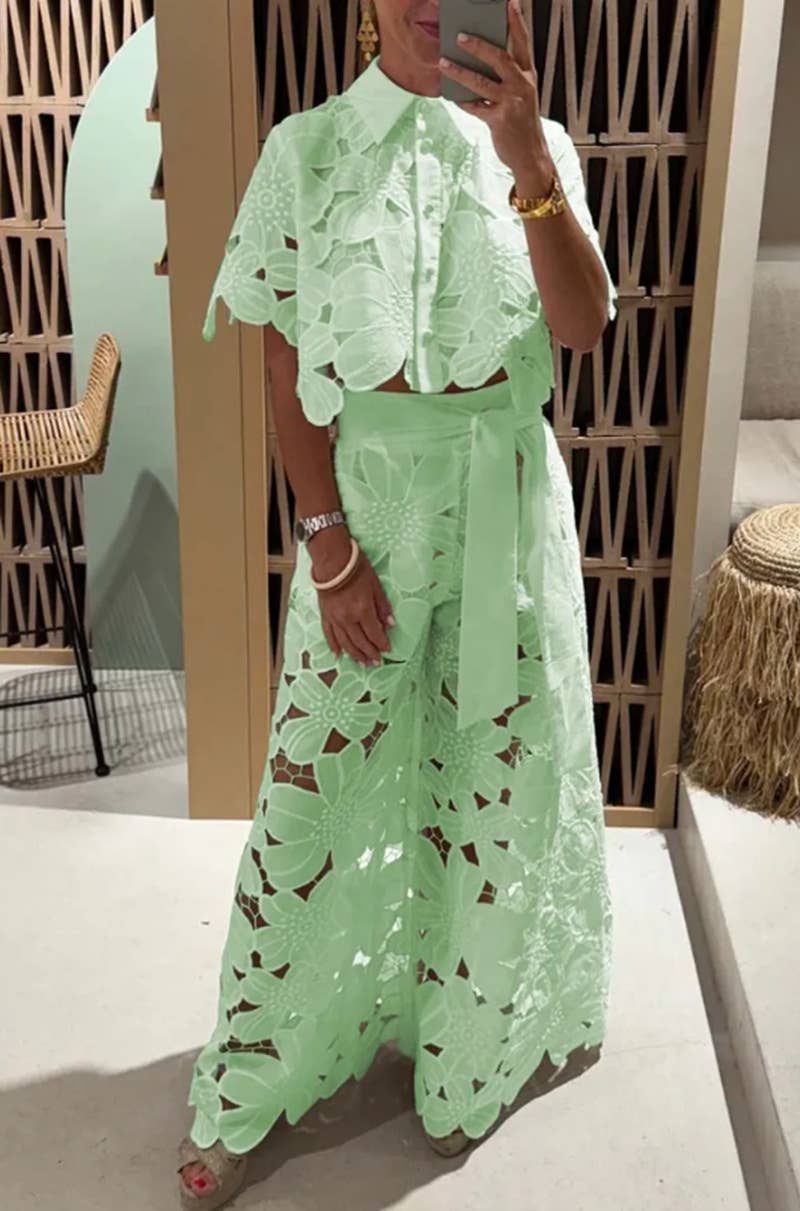 Crochet Floral Lace Button-down shirts & wide leg pant set