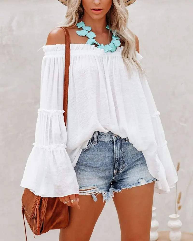 Frill hem off shoulder bell sleeve top