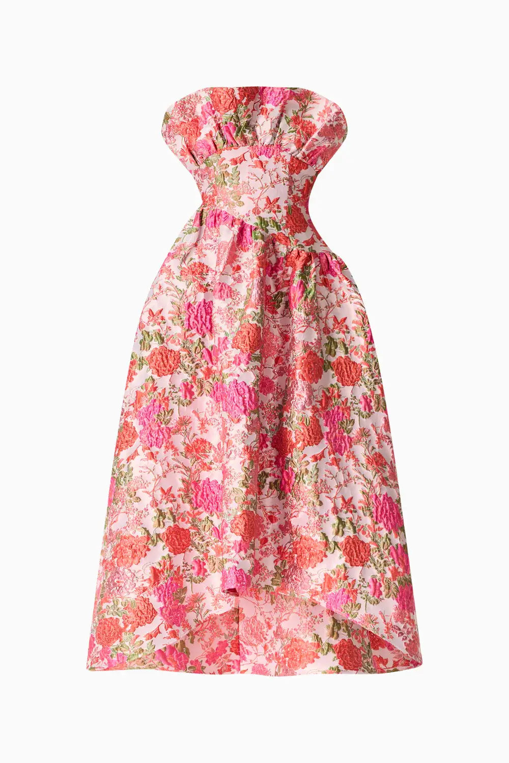 PS15 Pink Floral Jacquard Strapless High-Low Midi Dress