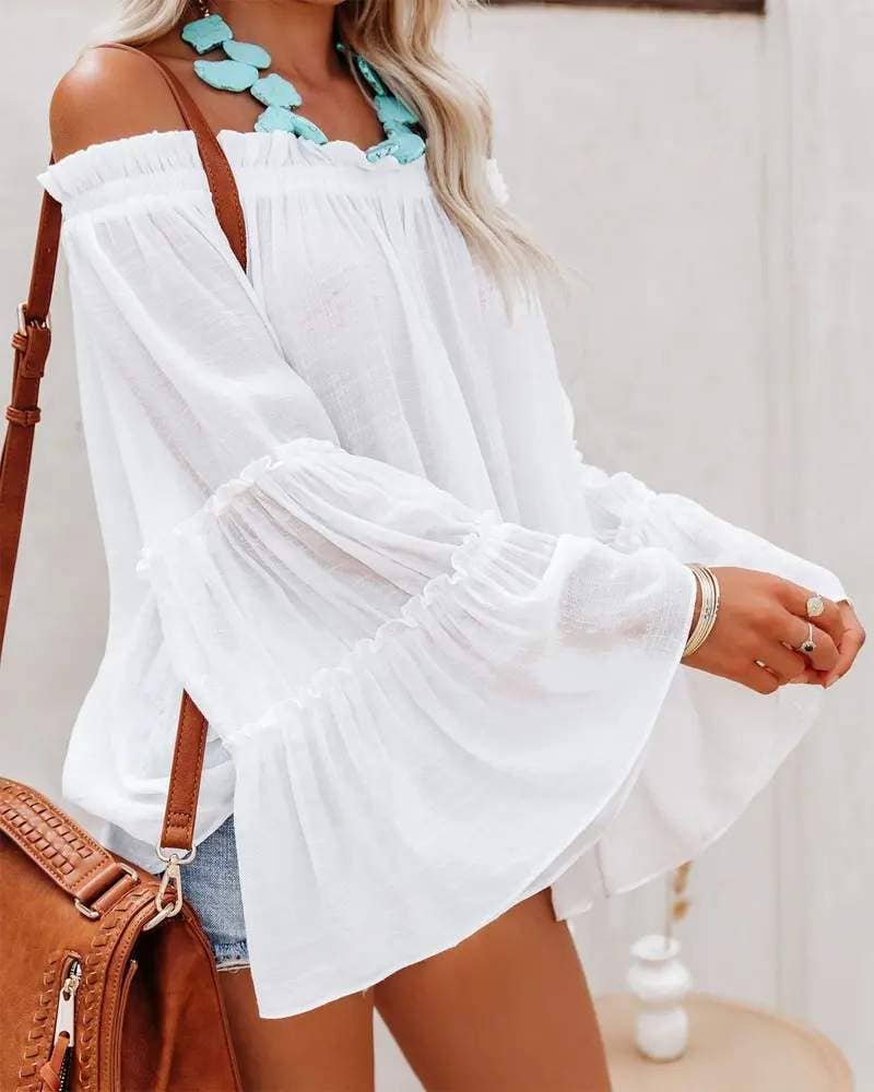 Frill hem off shoulder bell sleeve top