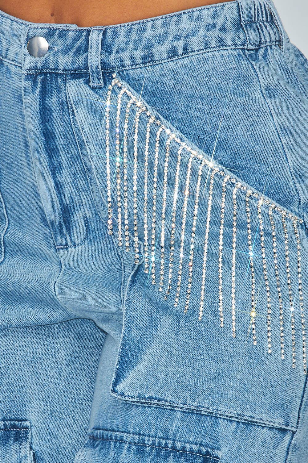 Blessed Rhinestone Fringe Cargo Denim Jogger Pant HDP30466ME