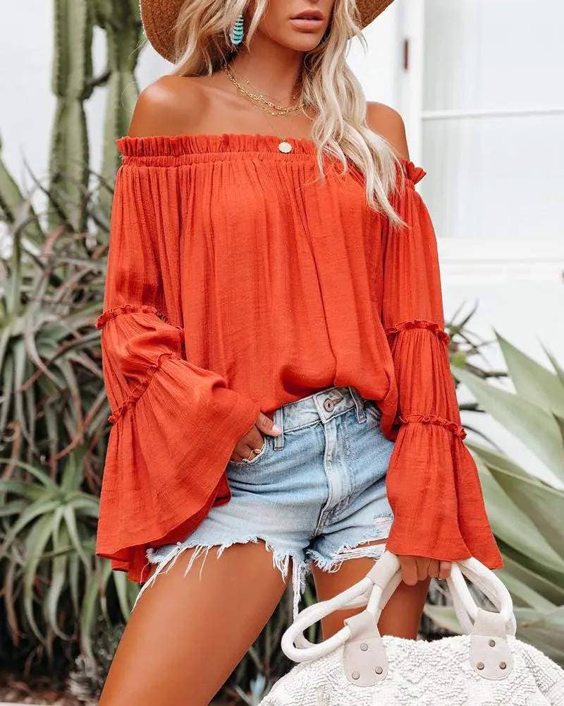 Frill hem off shoulder bell sleeve top