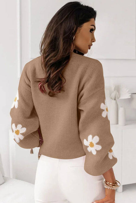 Apricot khaki Pink Floral Pattern Drop Shoulder Sweater