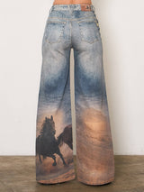 White Horse Digital Print Wide Leg Jeans
