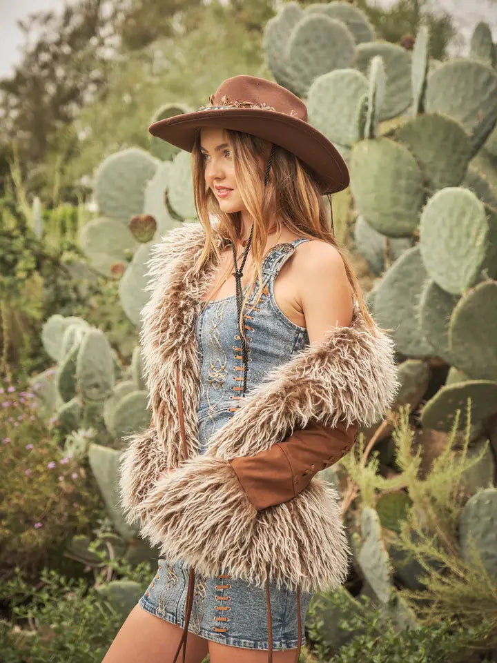 25061J Western Faux Fur Lace Up Jacket