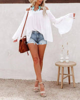 Frill hem off shoulder bell sleeve top
