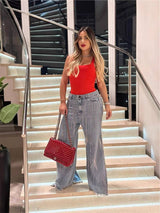 Women Fashion Feather Tassel Split Jeans
