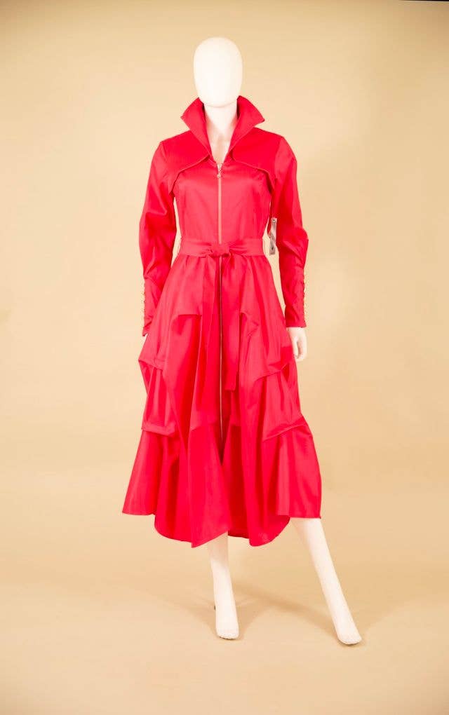 Stretch Dupioni Sculptural Zip Pleats Dress - F23011