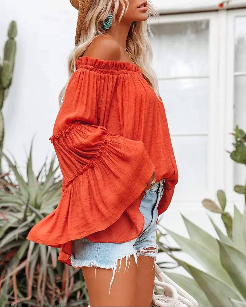 Frill hem off shoulder bell sleeve top