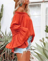 Frill hem off shoulder bell sleeve top