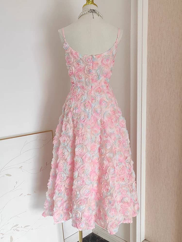 DR508 3D Rose Lace Pink Off-shoulder Holiday Suspender Dress