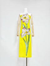 47Y Yellow Retro Tube Top Dress with 3D Floral Embroidery