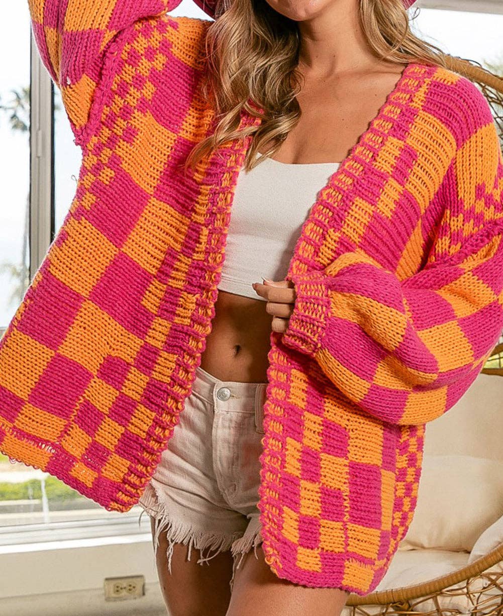 Open Front Mixed Checkered Pattern Knit Cardigan
