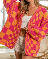 Open Front Mixed Checkered Pattern Knit Cardigan