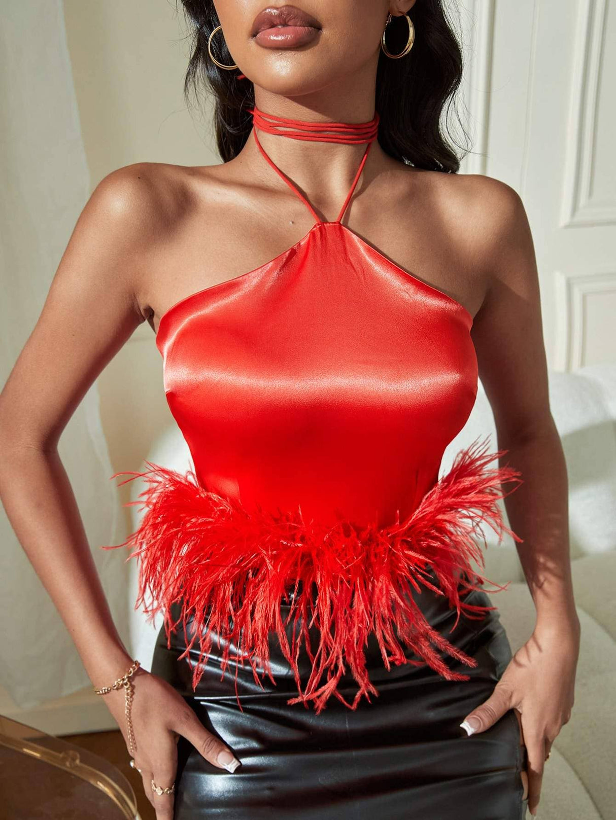 Halter neck fuzzy trim satin crop top