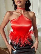Halter neck fuzzy trim satin crop top