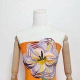 47Y Yellow Retro Tube Top Dress with 3D Floral Embroidery