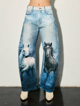 Viral Horse Digital Print Baggy Wide Jeans