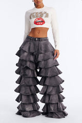 RUFFLE TIERED DENIM PANTS