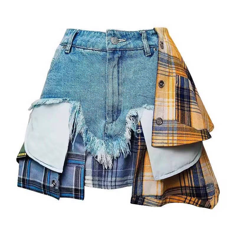 SK024 Summer Chic: High-Waist Plaid-Denim Skirt