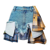 SK024 Summer Chic: High-Waist Plaid-Denim Skirt