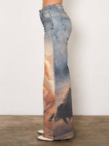 White Horse Digital Print Wide Leg Jeans