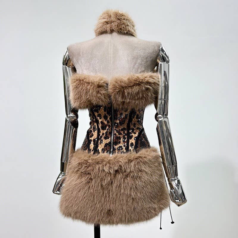 59Y Leopard Sequin Tube Top with Eco-Fur Three-Piece Set