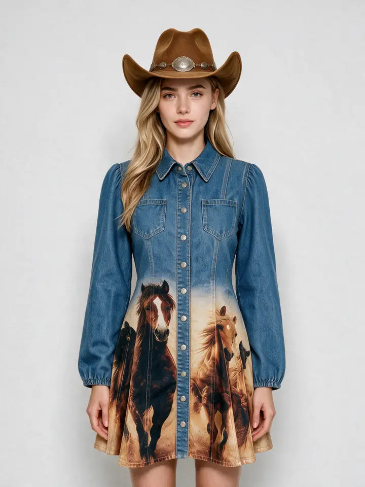 60040D Western Horse Print Denim Dress