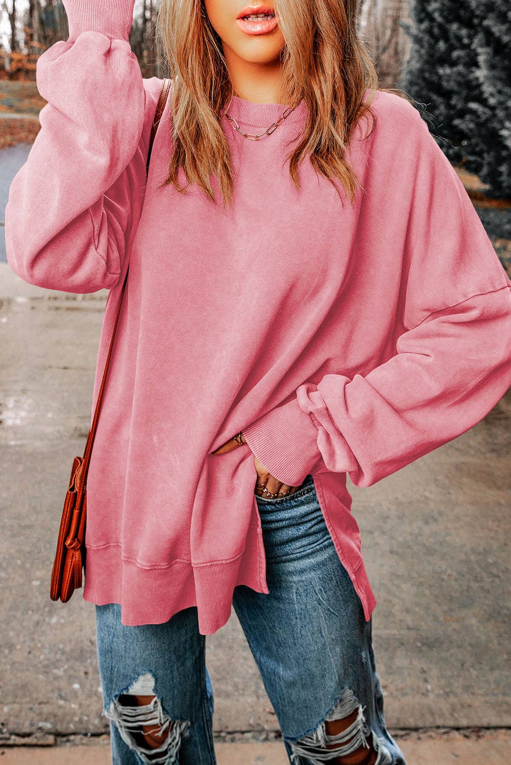 Pink Drop Shoulder Ribbed Trim Oversized Sweatshirt: Pink / M / 75%Polyester+25%Cotton