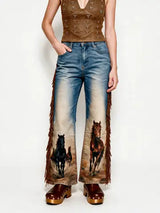 60151P Western Horse Print Fringe Wide Leg Jeans