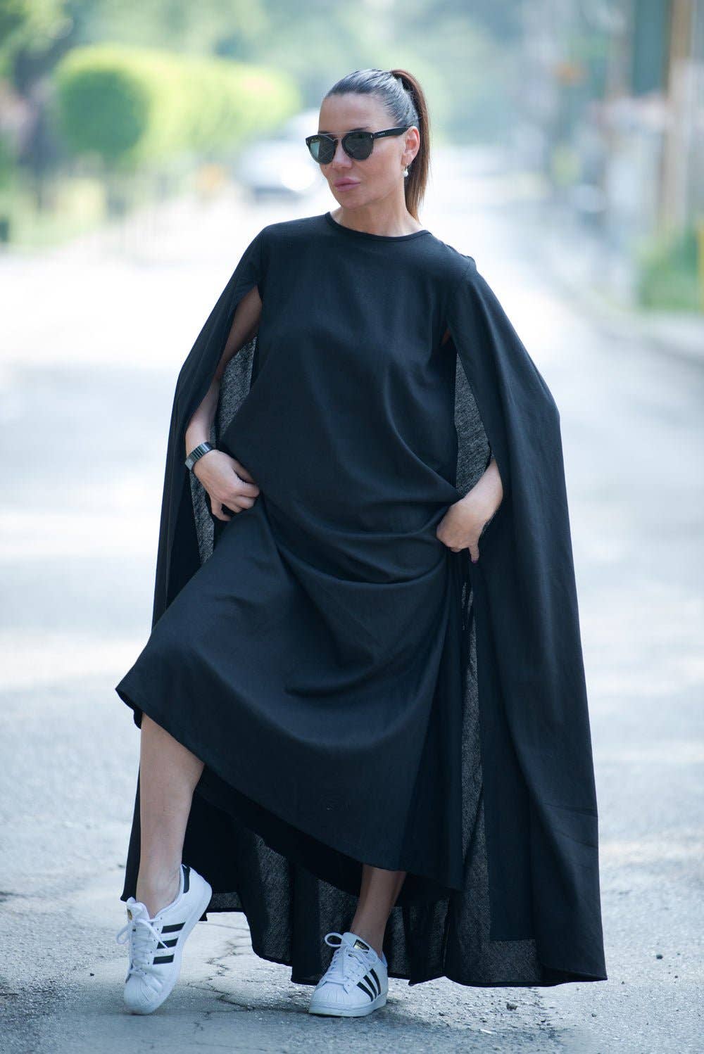 Black Cape Linen Dress JESSICA