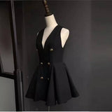DR0273Y Chic V-Neck Vest Dress - High Waist, Double-Breasted